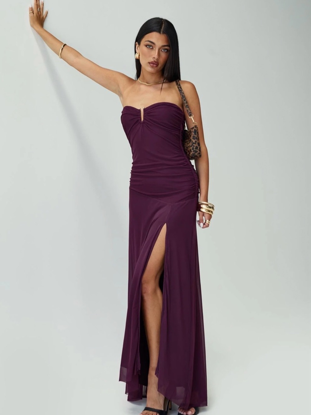 NWT Princess Polly Barbarella Strapless Plum/Purple Maxi Dress with High Slit